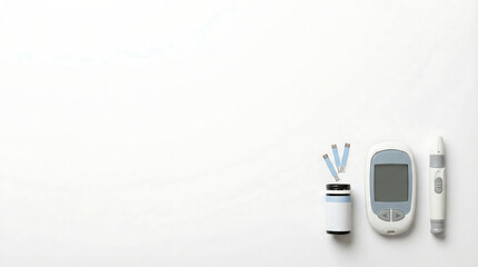 Medical equipment including a glucometer, lancets, and test strips arranged neatly on a clean white surface, captured from a top-down viewpoint.