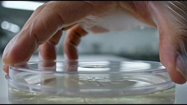 A gloved hand stirs a clear liquid in a petri dish with a wooden stick in a lab, then covers the dish, indicating scientific experimentation or quality control.