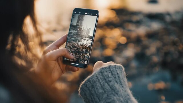 Close medium shot of a person scanning a printed photo with a smartphone to trigger immersive digital content in a hybrid reality setup.