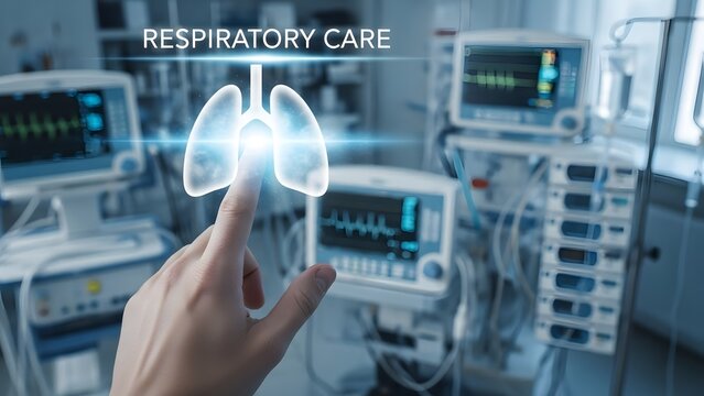 A healthcare professional interacting with respiratory care technology in a modern hospital setting.