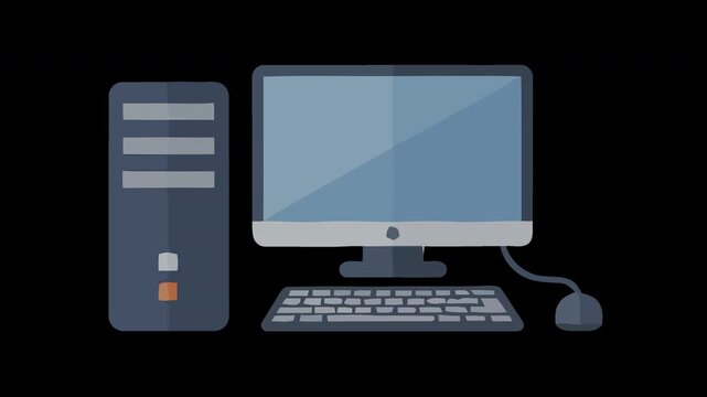 Sleek flat design representation of a complete desktop computer setup, ideal for creative video editing tasks and productive office environments