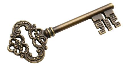 Ornate antique key PNG isolated on transparent background, vintage style golden metal key for...