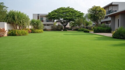 Lush Green Lawn Surrounded by Modern Architecture and Trees in Bright Daylight with Clear Blue Skies for Tranquil Outdoor Spaces