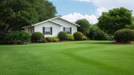 Charming suburban home surrounded by lush greenery and vibrant landscaping under a clear blue sky for inviting residential stock photo needs