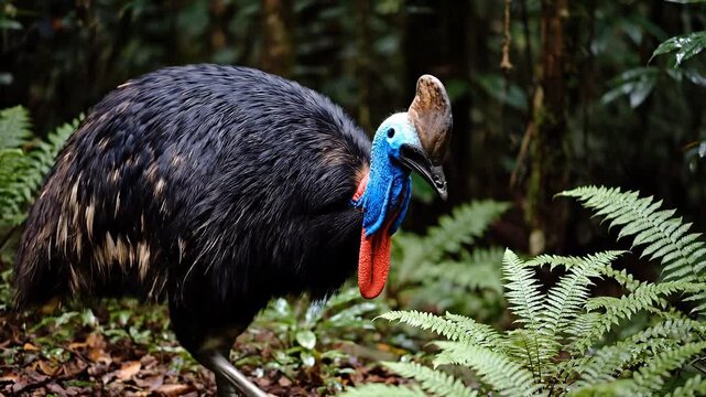 A graceful cassowary in a dense rainforest with lush green foliage.