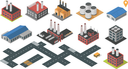 Fototapeta premium isometric industrial factory buildings roads infrastructure collection flat vector illustration urban manufacturing plant warehouse design set pack bundle,