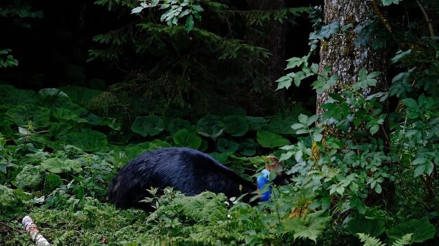 A graceful cassowary in a dense rainforest with lush green foliage.