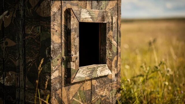 Wildlife blind in tall grassland with a distinct camo pattern on the hut focused on window frame details while the outoffocus meadow stretches into the distance.