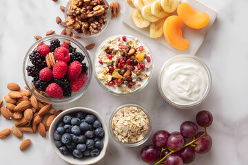 Fototapeta premium Assorted fruits, nuts, and yogurt arranged on a table for a healthy breakfast or snack preparation