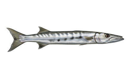 Obraz premium Great barracuda isolated PNG on transparent background, silver predatory fish with sharp teeth for marine life and wildlife design