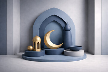 Elegant Ramadan Scene with Geometric Shapes and Gold Accents