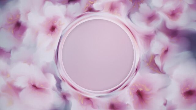Elegant floral background animation in the style of an abstract watercolor or oil painting with gently blending delicate cherry blossom flowers in pink color tones with copy space for logo or text.