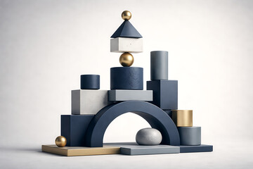 Abstract Geometric Composition: Stacked Shapes in Blues and Gold