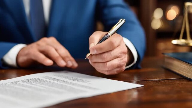 Professional transcript editor carefully reviewing legal court records for accuracy and clarity in a controlled office setting.