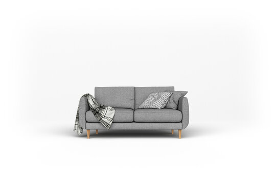 Modern Grey Fabric Sofa Isolated on Transparent Background with Realistic Floor Shadow PNG Scandinavian Two Seater Couch with Striped Pillow and Blanket for Archviz and Interior Design