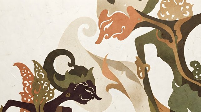 Contemporary abstract illustration inspired by Indonesian Wayang shadow puppets on a crumpled paper background. Features warm earthy tones and elegant silhouettes for modern cultural branding.