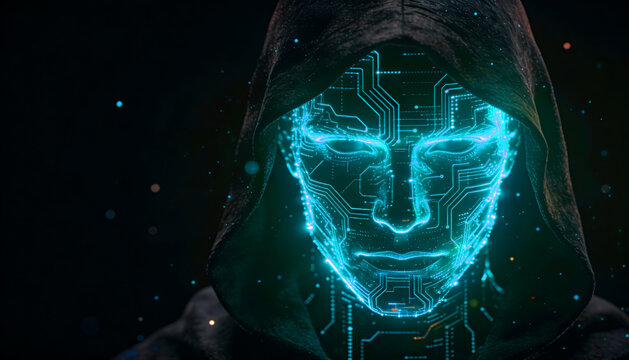 Futuristic hooded artificial intelligence face made of glowing blue circuit patterns. Cybernetic avatar, digital hacker, neon tech mask, AI concept, cyberpunk portrait.
