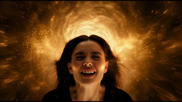 Close-up of a woman smiling joyfully as she is enveloped by a vortex of swirling golden sparks and light, implying a powerful, energetic transformation.
