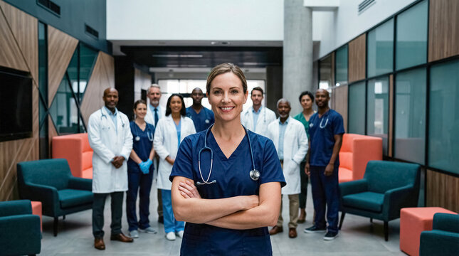 Confident female lead clinician with multidisciplinary medical team. Diverse doctors and nurses in modern hospital lobby, healthcare leadership, teamwork and patient‑care concept. 