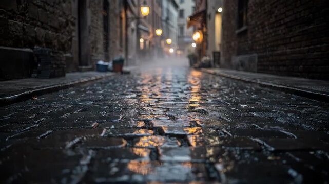 Medium frame showing the final touches on cobblestone paving in a rainy dimly lit historic lane highlighting the wet stone surface with the rest softly blurred.