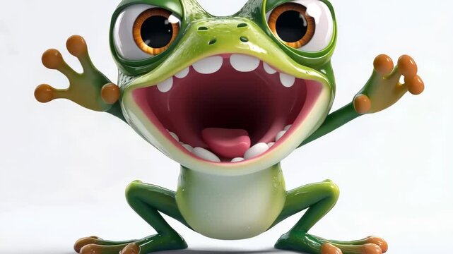 A cartoon frog with its tongue out and hands up in a funny pose isolated on white background