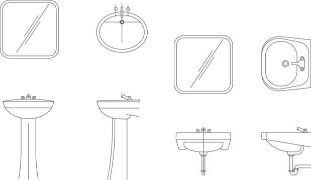 Technical vector illustration of pedestal washbasins and square mirrors, featuring front, side, and top views in minimalist black line art.