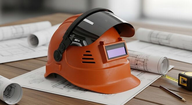 Welding Helmet on Blueprint with Tools.