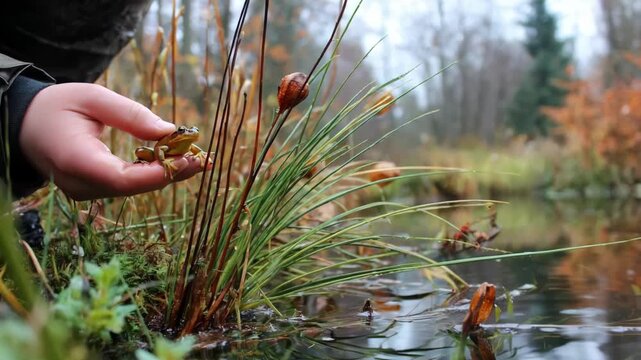 Medium shot focused on amphibians as they are carefully reintroduced to a wetland showcasing the delicate process of restoring aquatic ecosystem balance.