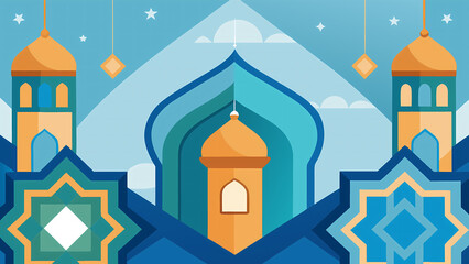 Fototapeta premium Eid Mubarak Islamic Celebration Background – Festive Greeting with Mosque and Crescent Moon