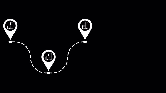 Animated GPS Navigation Route with Multiple Location Pins, Dashed Path Connecting City Points, Transparent Background