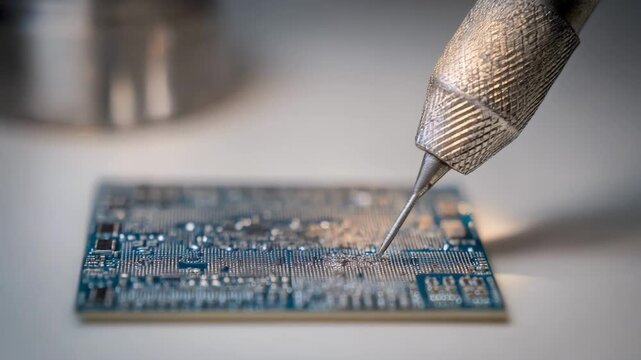 Closeup of intricate soldering on flash memory device as professional restores lost data from damaged chip using advanced microrepair techniques.