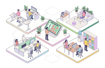 Isometric vector concept of hot desking and desk booking system. Hybrid remote office scene with reservation kiosk, employees, and lockers for workspace app web banner.
