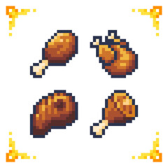Fototapeta premium A set of pixel art meat icons: roasted chicken leg, whole bird, and steak. Ideal for RPG food inventory, survival health recovery items, and cooking mechanics.