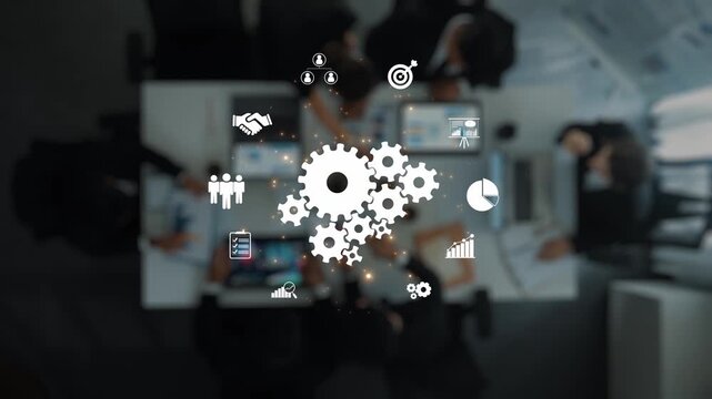Aerial view of business professionals engaged in a strategic meeting, showcasing gears and icons that symbolize collaboration and planning in a modern workspace. Raster