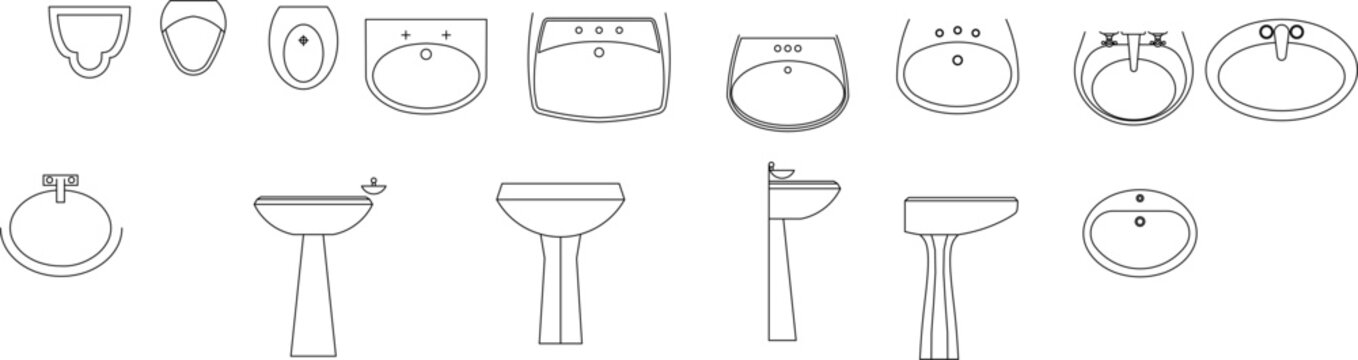 Technical vector illustration of pedestal sinks and urinals from front, side, and top views, featuring minimalist outlines for bathroom plans.