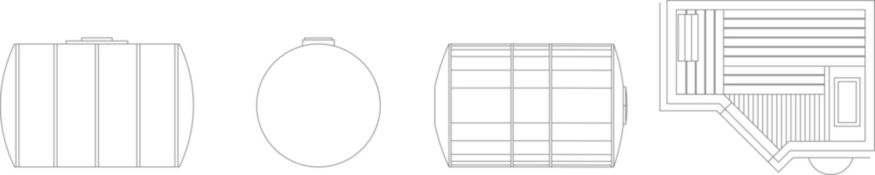 Technical vector illustration of cylindrical water tanks and a sauna room floor plan from top and side views, featuring minimalist outlines.