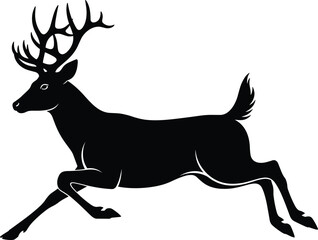 Fototapeta premium Black silhouette illustration of leaping deer with extended legs and antlers, dynamic wildlife artwork, graceful animal motion drawing, artistic nature design for creative projects