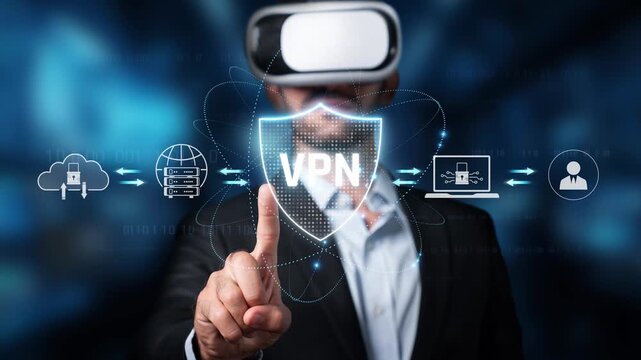 This image captures the fusion of virtual reality and VPN technology, showcasing a user interacting with security measures in a digital landscape representing modern cybersecurity. Raster