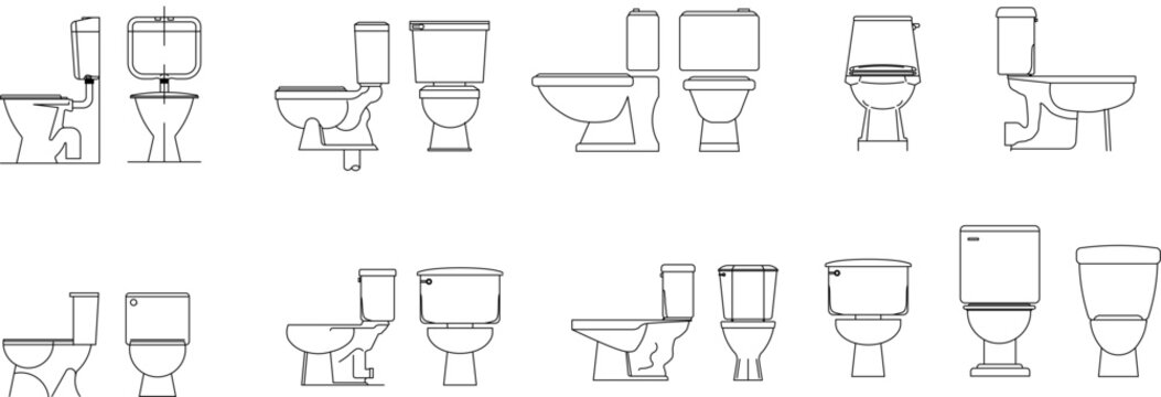 Technical vector illustration of diverse toilet elevations from front and side views, featuring various tank designs and plumbing profiles