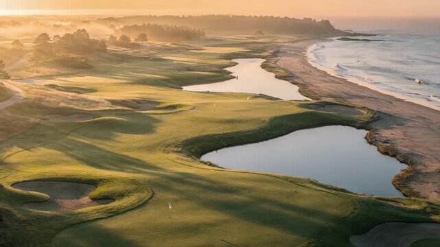 Medium shot aerial view of a coastal golf course at sunrise focusing on lush green fairways and shimmering water hazards with soft background blur for depth.