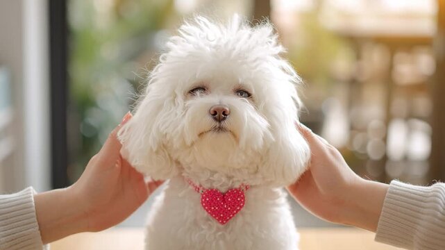 Owner hands massaging and pampering a cute fluffy white bichon frise dog with a heart shaped collar in a cozy home interior