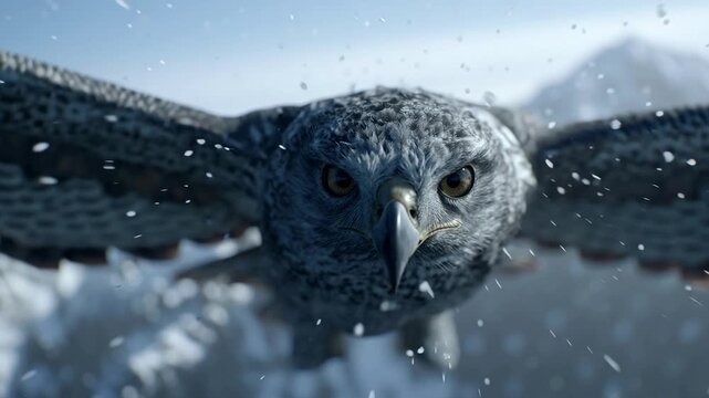 Majestic eagle flying through a snowstorm in slow motion with intense gaze towards the camera over a mountain landscape