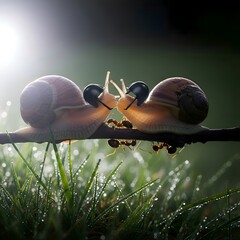Couple Snails Kissing on Branch with Ants, Dew Drops