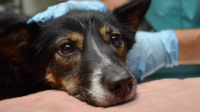 Veterinarian petting scared mongrel dog's head on the operating table before surgery in a veterinary clinic
