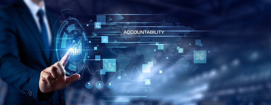 Businessman touching Accountability and networking. Corporate responsibility, transparent management, ethical business, governance, leadership, compliance, professional concept.