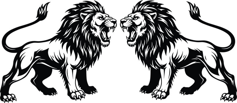 Roaring lion vector illustration, symmetrical black and white artwork, heraldic animal design, fierce predator graphic, bold confrontation stance, courage strength dominance symbol