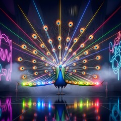 Peacock Displaying Colorful Feathers with Neon Lights