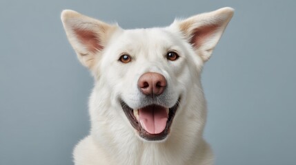 Happy and Playful White Dog with Bright Eyes and Joyful Expression Against Soft Blue Background