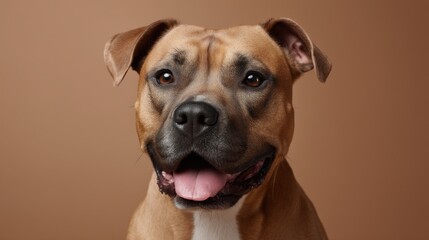 Obraz premium Adorable brown dog with expressive face, happy eyes, and gentle demeanor against a neutral brown background showcasing joy and warmth in pet photography