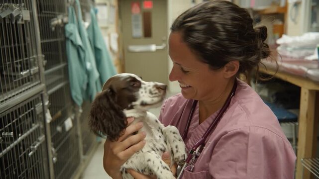 Veterinarian specialist holding a cute english springer spaniel puppy inside a pet clinic smiling at the camera